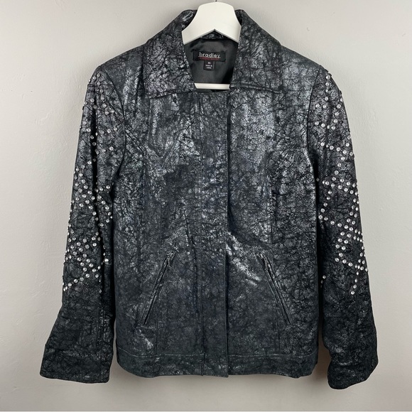 Bradley Bayou Black Silver Metallic Leather Moto Jacket with Rhinestones XS - Picture 6 of 13